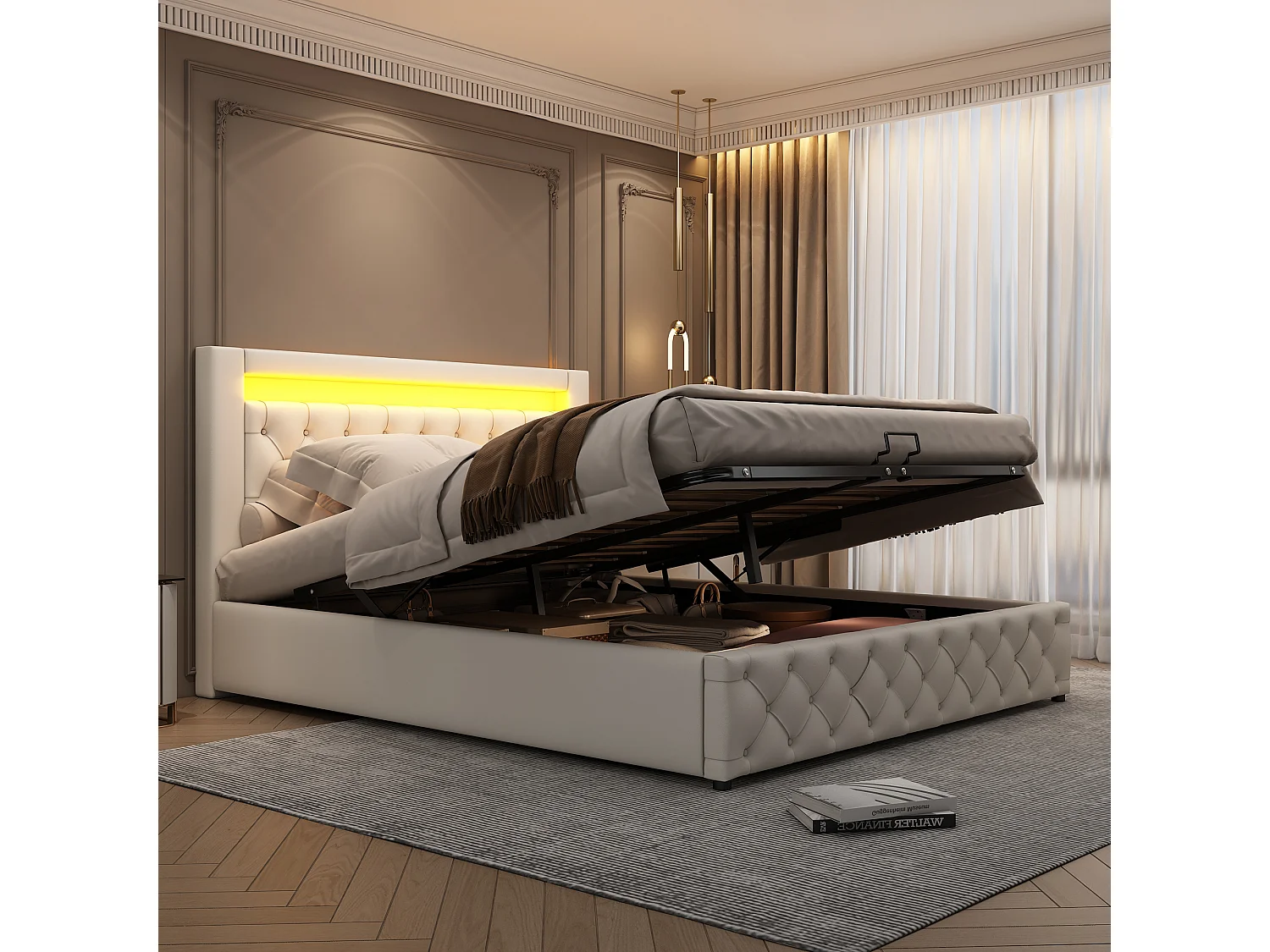 Gestoffeerd Bed 140x200 cm - Met LED Verlichting en Opbergruimte - Hoog Hoofdeinde - Met Lattenbodem - PU Bekleding - Wit - Zonder matras