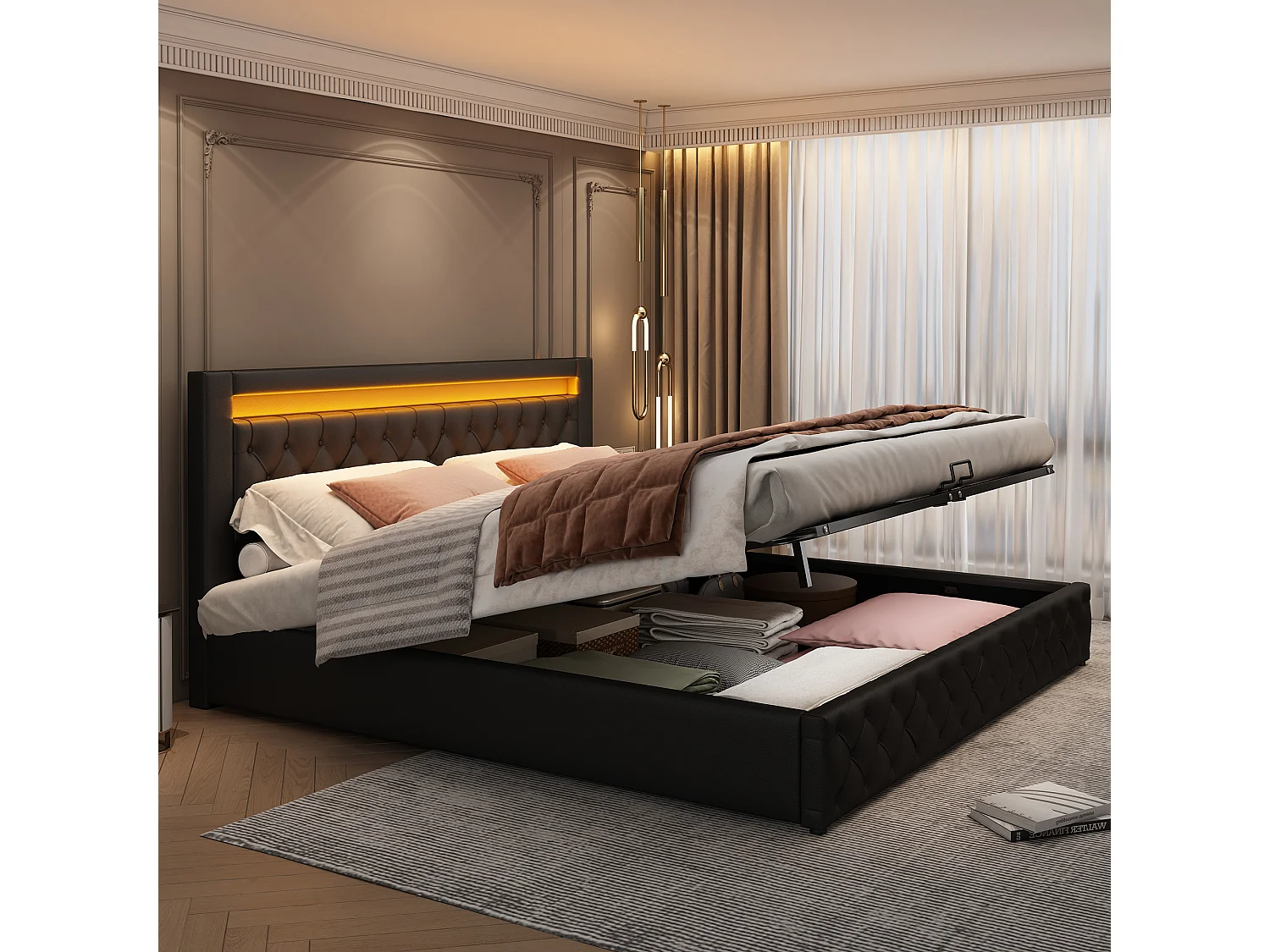 Gestoffeerd Bed 140x200 cm - Met LED Sfeerverlichting - Met Gasveer Lattenbodem En Opbergruimte - PU - Zwart - Zonder matras