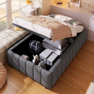 Gestoffeerd Bed 90×200 – Eenpersoonsbed Met Opbergruimte Onder Het Bed – Linnen – Grijs