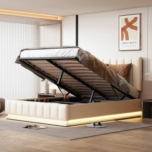 Gestoffeerd Bed 140×200 cm – Bed Met Ledverlichting En Afstandsbediening – Hydraulische Opbergruimte – Verstelbaar Hoofdbord – Zonder matras – Wit