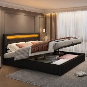 Gestoffeerd Bed 160×200 cm – Hoog Hoofdeinde met LED – Opklapbare Lattenbodem met Opbergruimte – PU – Zwart – Zonder matras