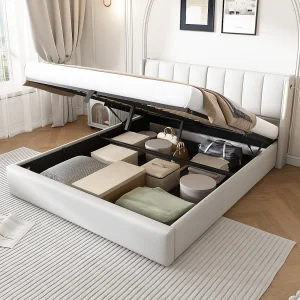 Gestoffeerd Bed 160×200 cm – USB Type-C Oplaadpunt en LED-verlichting – Verstelbaar Hoofdeinde 0–30° – Met Opbergruimte – PU – Wit – Zonder matras