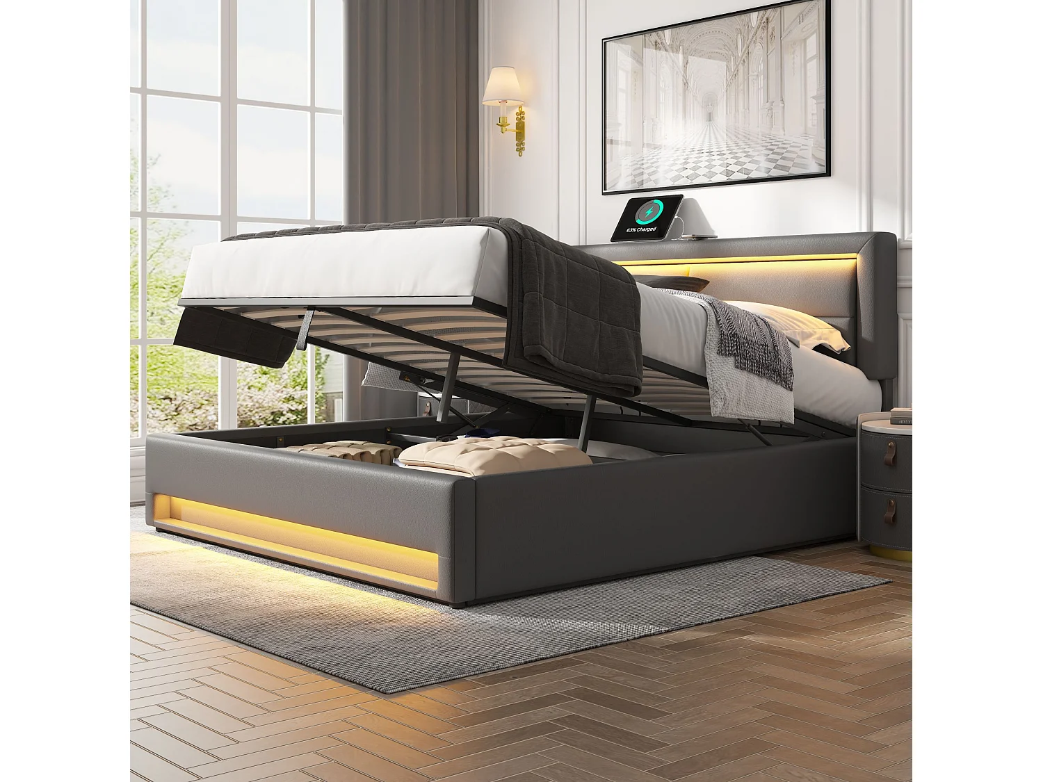 Gestoffeerd Bed 140x190 cm - Met USB Oplaadfunctie en Draadloos Laden - Met LED Verlichting en Opbergruimte - PU-lychee - Grijs - Zonder matras