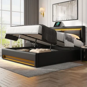 Gestoffeerd Bed 140×190 cm – Draadloos & Bekabeld Opladen (USB) – LED Sfeerverlichting – Met Onderbed Opbergruimte – PU Lychee – Zwart – Zonder Matras Gestoffeerd Bed 140×190 cm – Draadloos & Bekabeld Opladen (USB) – LED Sfeerverlichting – Met Onderbed Opbergruimte – PU Lychee – Zwart – Zonder Matras