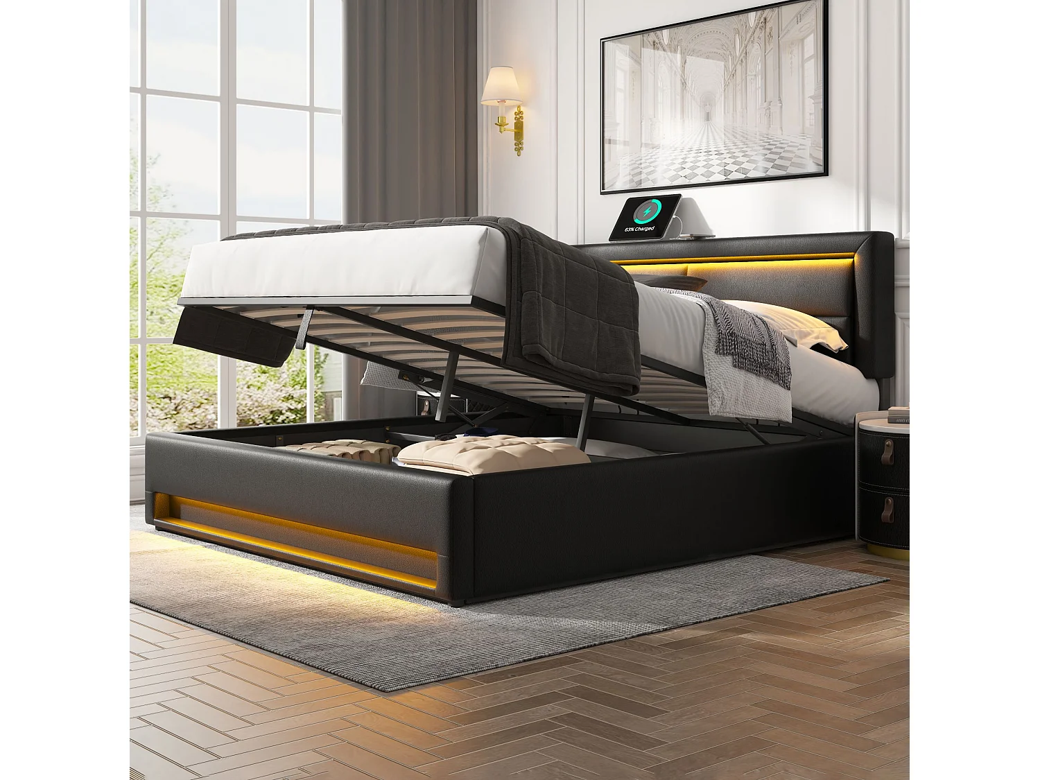 Gestoffeerd Bed 140x190 cm - Draadloos & Bekabeld Opladen (USB) - LED Sfeerverlichting - Met Onderbed Opbergruimte - PU Lychee - Zwart - Zonder Matras