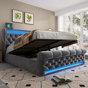 Gestoffeerd Bed 140x200cm – LED Met App, Timer & Muziek – Hydraulisch Opbergbed – USB+Type-C – Fluweel – Grijs – Zonder matras Gestoffeerd Bed 140x200cm – LED Met App, Timer & Muziek – Hydraulisch Opbergbed – USB+Type-C – Fluweel – Grijs – Zonder matras