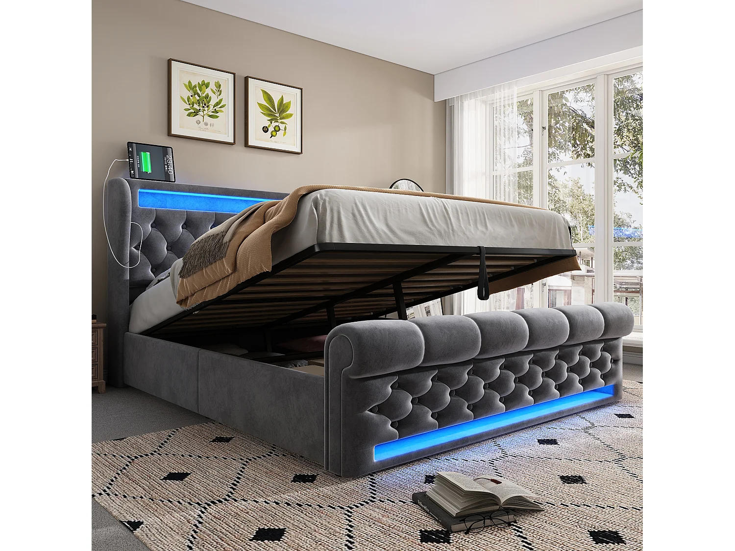 Gestoffeerd Bed 140x200cm - LED Met App, Timer & Muziek - Hydraulisch Opbergbed - USB+Type-C - Fluweel - Grijs - Zonder matras