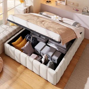 Gestoffeerd Bed 140×200 – Eenpersoonsbed Met Opbergruimte Zonder Hoofdeinde – Linnen – Beige Gestoffeerd Bed 140×200 – Eenpersoonsbed Met Opbergruimte Zonder Hoofdeinde – Linnen – Beige