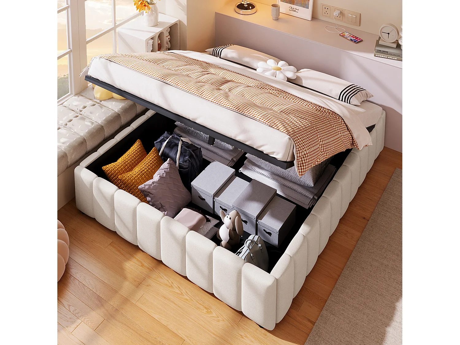 Gestoffeerd Bed 140x200 - Eenpersoonsbed Met Opbergruimte Zonder Hoofdeinde - Linnen - Beige