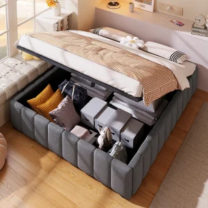 Gestoffeerd Bed 140×200 – Eenpersoonsbed Met Opbergruimte Zonder Hoofdeinde – Linnen – Grijs Gestoffeerd Bed 140×200 – Eenpersoonsbed Met Opbergruimte Zonder Hoofdeinde – Linnen – Grijs