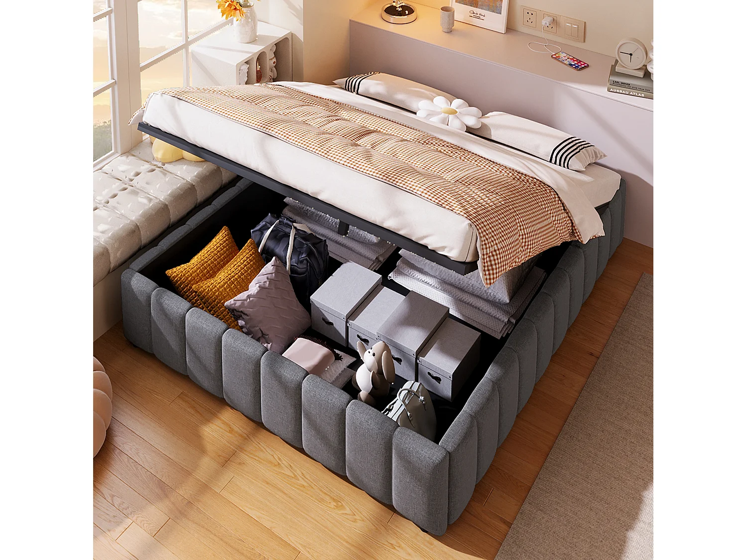 Gestoffeerd Bed 140x200 - Eenpersoonsbed Met Opbergruimte Zonder Hoofdeinde - Linnen - Grijs