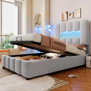 Gestoffeerd Bed 90×200 cm – Hydraulische Opbergruimte Met LED-sfeerverlichting – Verstelbaar Hoofdeinde – Fluweel – Grijs – Zonder matras