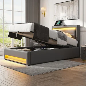 Gestoffeerd Bed 140x200cm – Met Usb Oplaadpunt En Led Verlichting – Met Opbergruimte – Zonder Matras – Pu – Grijs Gestoffeerd Bed 140x200cm – Met Usb Oplaadpunt En Led Verlichting – Met Opbergruimte – Zonder Matras – Pu – Grijs