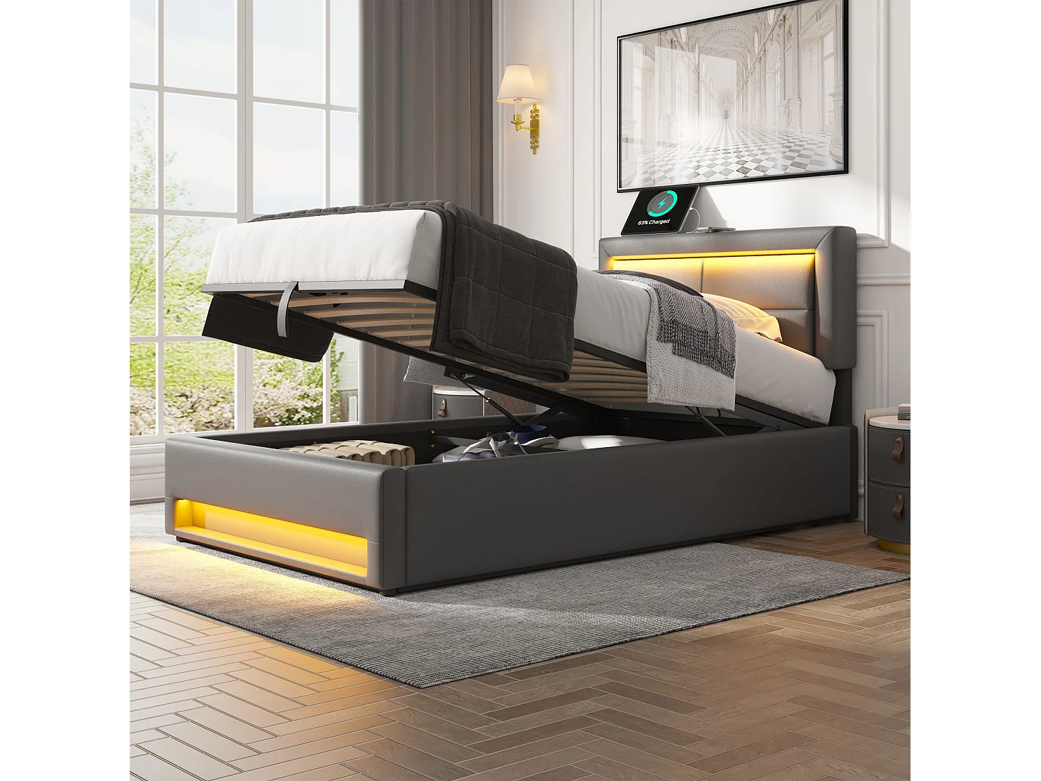 Gestoffeerd Bed 140x200cm – Met Usb Oplaadpunt En Led Verlichting – Met Opbergruimte – Zonder Matras – Pu – Grijs