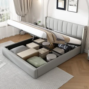 Gestoffeerd Bed 140x200cm – Met USB Oplaadpunt en LED Verlichting – Hydraulisch Verstelbaar 0–30° – Met Opbergruimte – PU – Grijs – Zonder matras Gestoffeerd Bed 140x200cm – Met USB Oplaadpunt en LED Verlichting – Hydraulisch Verstelbaar 0–30° – Met Opbergruimte – PU – Grijs – Zonder matras