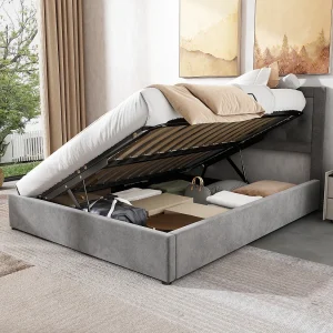 Gestoffeerd Bed 140×200 cm – Schuim Hoofdeinde met Ruitpatroon – Hefbare Opbergruimte (Links/Rechts) – Fluweel; Metaal – Grijs – Zonder matras