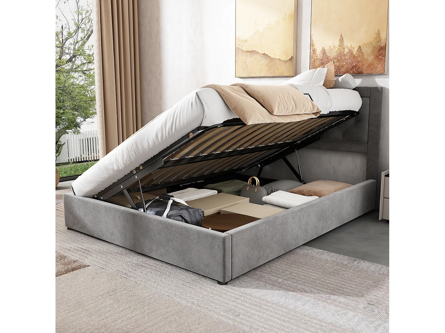 Gestoffeerd Bed 140x200 cm - Schuim Hoofdeinde met Ruitpatroon - Hefbare Opbergruimte (Links/Rechts) - Fluweel; Metaal - Grijs - Zonder matras