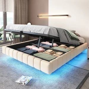 Gestoffeerd Bed 160×200 cm – Zwevend Design met LED – Hydraulische Lift – met Ruime Opbergruimte – voor Slaapkamer – Linnen – Beige – Zonder matras