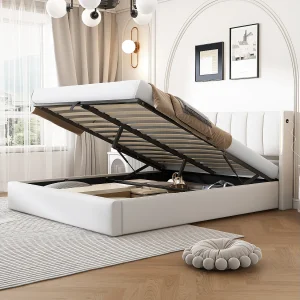 Gestoffeerd Bed 140×190 cm – Met USB Type-C Oplaadpoort en LED – Met Opbergruimte Onder Bed – PU Bekleding – Wit – Zonder matras Gestoffeerd Bed 140×190 cm – Met USB Type-C Oplaadpoort en LED – Met Opbergruimte Onder Bed – PU Bekleding – Wit – Zonder matras
