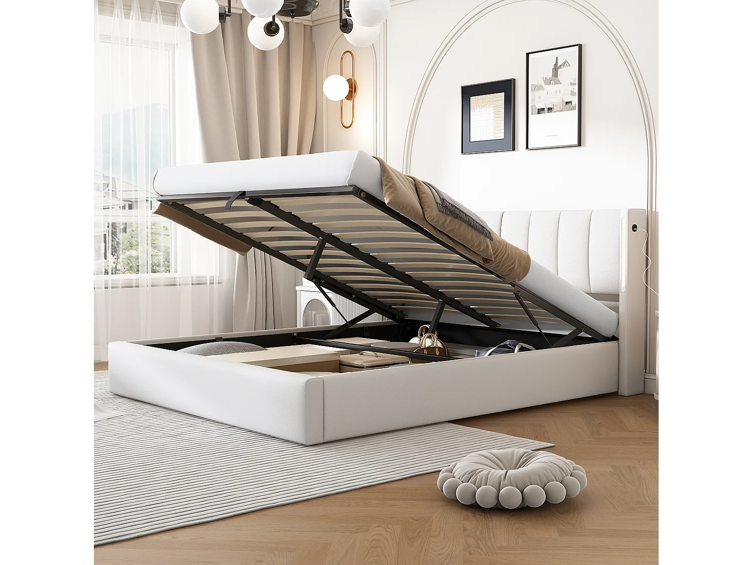 Gestoffeerd Bed 140x190 cm - Met USB Type-C Oplaadpoort en LED - Met Opbergruimte Onder Bed - PU Bekleding - Wit - Zonder matras