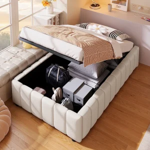 Gestoffeerd Bed 90×200 – Eenpersoonsbed Met Lades Zonder Hoofdeinde – Linnen – Beige
