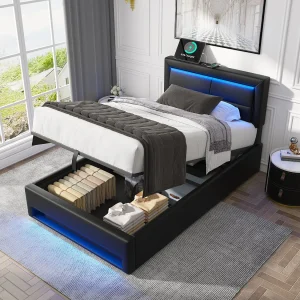 Gestoffeerd Bed 140x200cm – Met Usb Oplaadpunt En Led Verlichting – Met Opbergruimte – Zonder Matras – Pu – Zwart Gestoffeerd Bed 140x200cm – Met Usb Oplaadpunt En Led Verlichting – Met Opbergruimte – Zonder Matras – Pu – Zwart