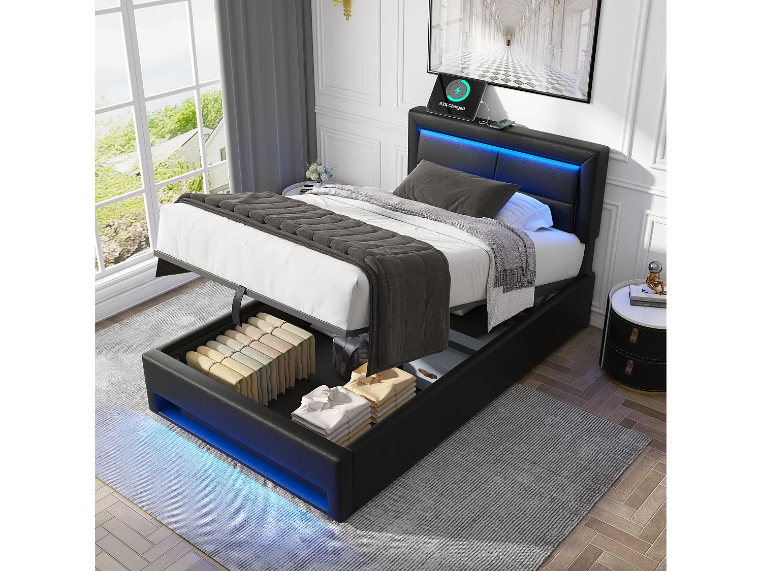 Gestoffeerd Bed 140x200cm – Met Usb Oplaadpunt En Led Verlichting – Met Opbergruimte – Zonder Matras – Pu – Zwart