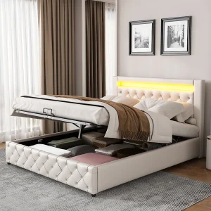 Gestoffeerd Bed 160×200 cm – Met LED-Verlichting en Lattenbodem – Met Opbergruimte Onder Bed en Hoog Hoofdeinde – PU Gestoffeerd – Wit – Zonder matras