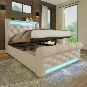 Gestoffeerd Bed 90×200 cm – Hydraulisch Opbergbed Met LED en USB/Type-C – Met Afneembare Hoofdbekleding – Fluweel – Beige – Zonder matras