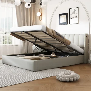 Gestoffeerd Bed 140×190 cm – Met USB Type-C & LED – Verstelbaar Hoofdeinde 0-30° – Met Opbergruimte – PU Bekleding – Grijs – Zonder matras Gestoffeerd Bed 140×190 cm – Met USB Type-C & LED – Verstelbaar Hoofdeinde 0-30° – Met Opbergruimte – PU Bekleding – Grijs – Zonder matras