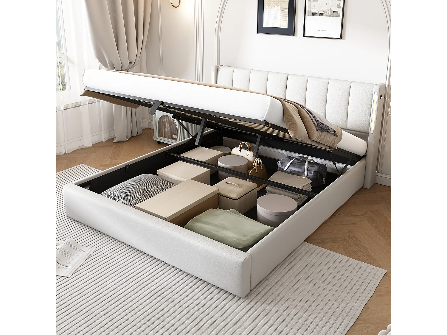 Gestoffeerd Bed 140x200 cm - Met USB Oplaadpunt en LED-verlichting - Hydraulisch Verstelbaar 0–30° - Met Opbergruimte - PU - Wit - Zonder matras