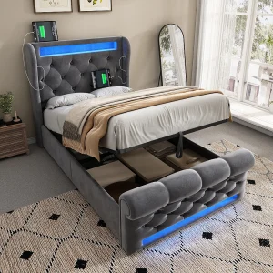 Gestoffeerd Bed 90×200 cm – Hydraulisch Opbergbed met LED – Met USB en Type-C Oplaadstation – Fluweel – Grijs – Zonder matras