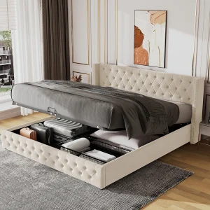 Gestoffeerd Bed 140×190 cm – Gewatteerd Chesterfield Stijl – Hydraulische Lift met Bedbox – Voor Slaapkamer – Fluweel – Beige – Zonder matras Gestoffeerd Bed 140×190 cm – Gewatteerd Chesterfield Stijl – Hydraulische Lift met Bedbox – Voor Slaapkamer – Fluweel – Beige – Zonder matras