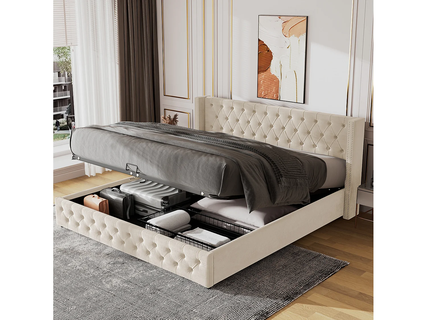 Gestoffeerd Bed 140x190 cm - Gewatteerd Chesterfield Stijl - Hydraulische Lift met Bedbox - Voor Slaapkamer - Fluweel - Beige - Zonder matras