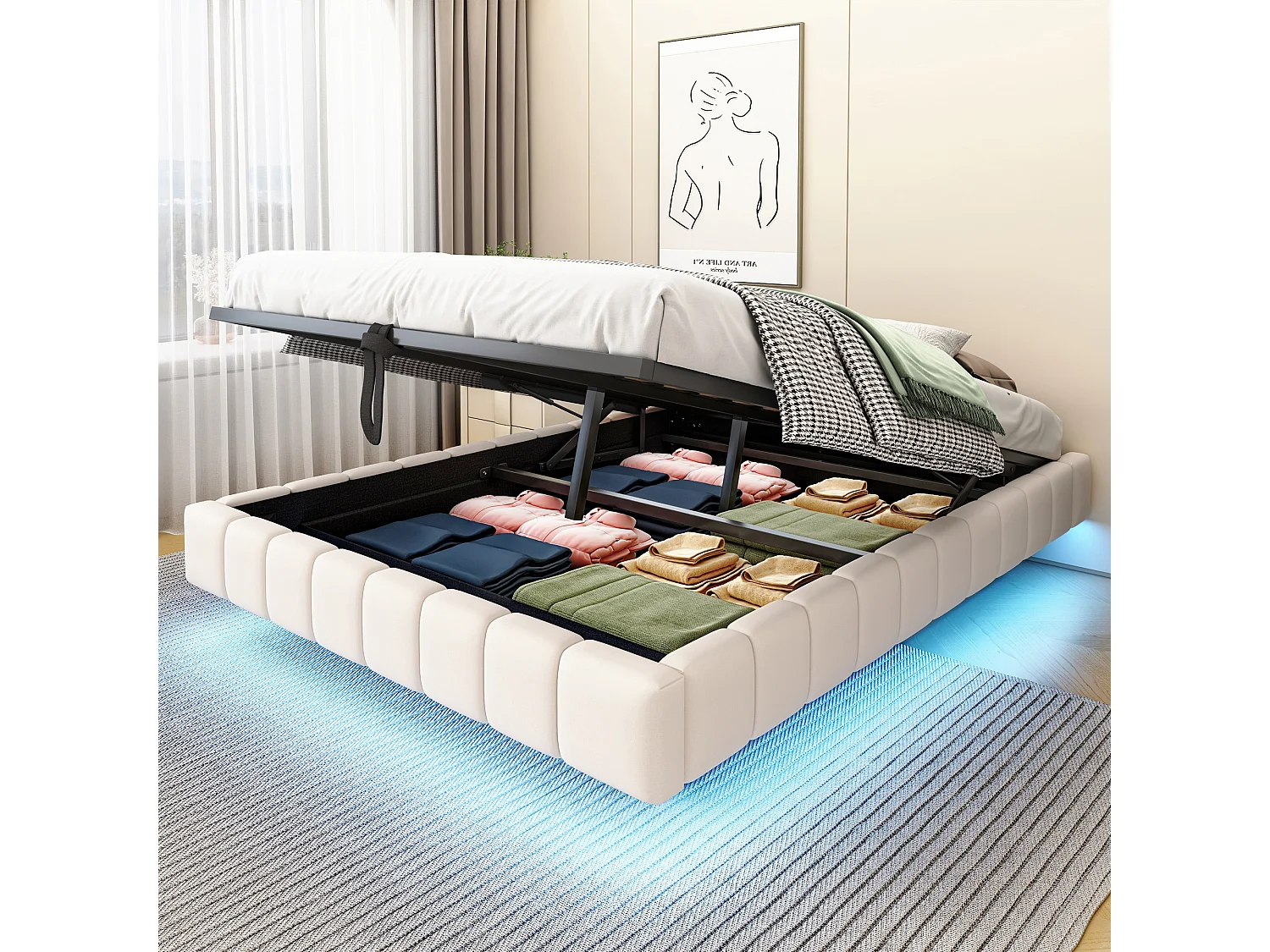 Gestoffeerd Bed 140x200 cm - Zwevend met Kleurwisselende LED-Sfeerlicht - Hydraulisch Gasveer Opbergbed - Linnen - Beige - Zonder matras