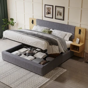 Gestoffeerd Bed 160×200 cm – Hydraulische Opbergruimte en USB-A/USB-C Met Nachtverlichting – Fluweel – Lichtbruin+Grijs – Zonder matras