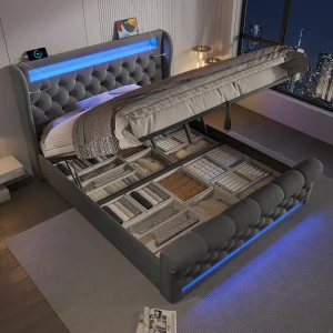 Gestoffeerd Bed 160×200 cm – RGB LED met Muziek – Hydraulisch Opbergbed met USB+Type-C – Fluweel – Grijs – zonder matras