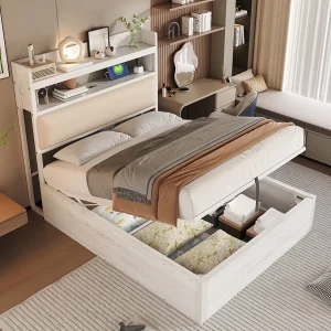 Gestoffeerd Bed 90x200cm – Hydraulisch Opklapbed Met Onderopslag – Met USB En Geïntegreerd Hoofdvak – Hout En Metaal – Wit – Zonder matras
