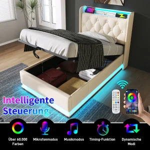 Gestoffeerd Bed 140×200 cm – Tweepersoonsbed Met 360-Graden LED En Hydraulische Opbergruimte – Hoofdeinde Met USB-C – PU Bekleding – Wit – Zonder Matras