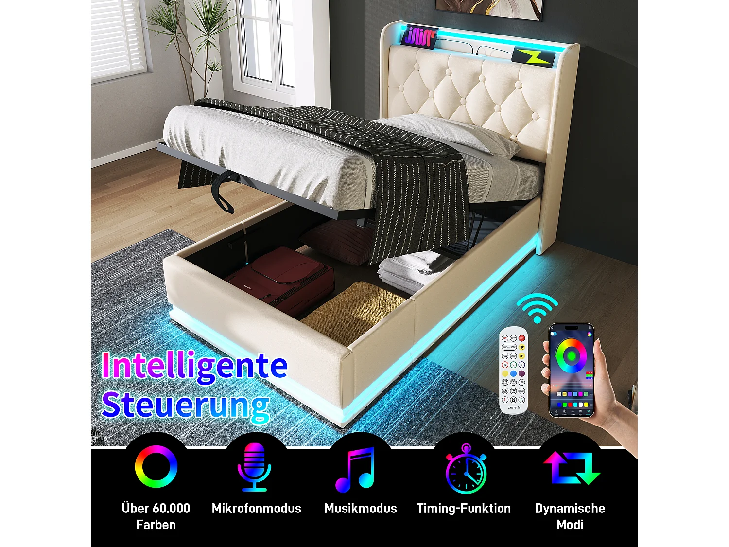 Gestoffeerd Bed 140x200 cm – Tweepersoonsbed Met 360-Graden LED En Hydraulische Opbergruimte – Hoofdeinde Met USB-C – PU Bekleding – Wit – Zonder Matras