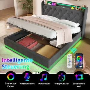 Gestoffeerd bed 90×200 cm – Eenpersoonsbed met 360° LED & APP/afstandsbediening – Hydraulisch opbergbed met USB-C – Kunstleer – Wit – Zonder matras