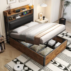 Gestoffeerd Bed 90x200cm – Hydraulische Opbergruimte – USB Oplaadpunten – Met Gepolsterd Hoofdeinde – Metaal+Hout Retro – Zonder matras – Zwart