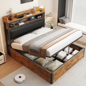 Gestoffeerd Bed 140×200 cm – Hydraulisch Opbergbed met USB en Gepolsterd Hoofdeinde – Met Opbergruimte – Metaal+Hout – Zonder matras – Zwart