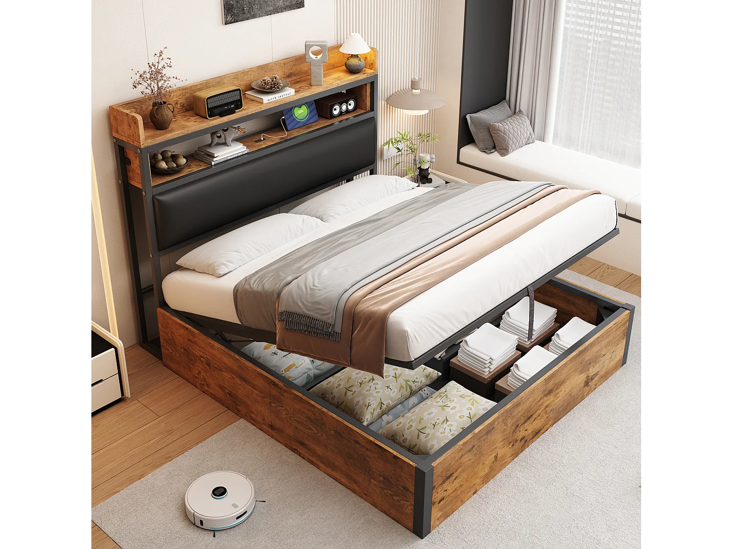 Gestoffeerd Bed 140x200 cm - Hydraulisch Opbergbed met USB en Gepolsterd Hoofdeinde - Met Opbergruimte - Metaal+Hout - Zonder matras - Zwart