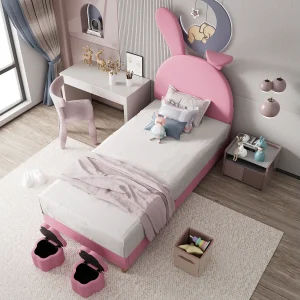 Gestoffeerd Bed 90×200 cm – Met LED Nachtlamp En Opvouwbare Konijnoren – Met 2 Opbergbanken – Tienerbed – Frans Fluweel – Roze – Zonder matras
