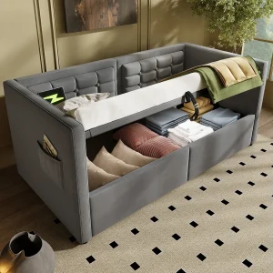 Gestoffeerd bed 90x190cm – Eenpersoonsbed met gestikte rug – Hydraulische opberging & USB/Type‑C – Fluweel – Grijs – Zonder matras