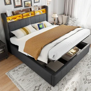 Gestoffeerd Bed 160×200 – Tweepersoonsbed Met Opbergruimte Onder Het Bed En LED-Verlichting – Linnen – Grijs Gestoffeerd Bed 160×200 – Tweepersoonsbed Met Opbergruimte Onder Het Bed En LED-Verlichting – Linnen – Grijs