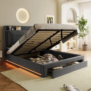 Gestoffeerd Bed 140×190 cm – Tweepersoonsbed Met LED Verlichting – Hydraulisch Opbergbed Met Lades – Fluweel – Grijs Gestoffeerd Bed 140×190 cm – Tweepersoonsbed Met LED Verlichting – Hydraulisch Opbergbed Met Lades – Fluweel – Grijs