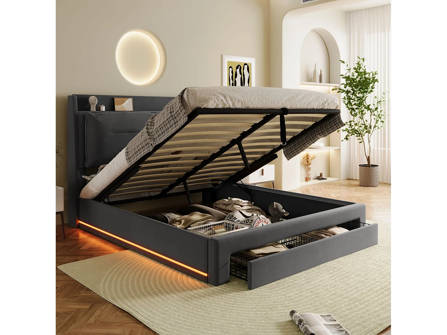 Gestoffeerd Bed 140x190 cm – Tweepersoonsbed Met LED Verlichting – Hydraulisch Opbergbed Met Lades – Fluweel – Grijs