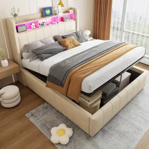 Gestoffeerd Bed 140×200 – Tweepersoonsbed Met Opbergruimte Onder Het Bed En LED-Verlichting – Linnen – Beige Gestoffeerd Bed 140×200 – Tweepersoonsbed Met Opbergruimte Onder Het Bed En LED-Verlichting – Linnen – Beige
